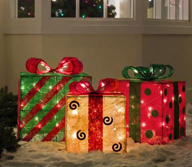 Set of 3 Gold, Green and Red Sisal Gift Boxes Lighted Christmas Yard Art