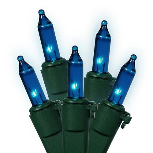 Set of 50 Blue Mini Christmas Lights 5.5" Bulb Spacing 22 AWG - Green Wire