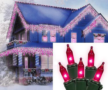 Set of 100 Pink Mini Icicle Christmas Lights - Green Wire