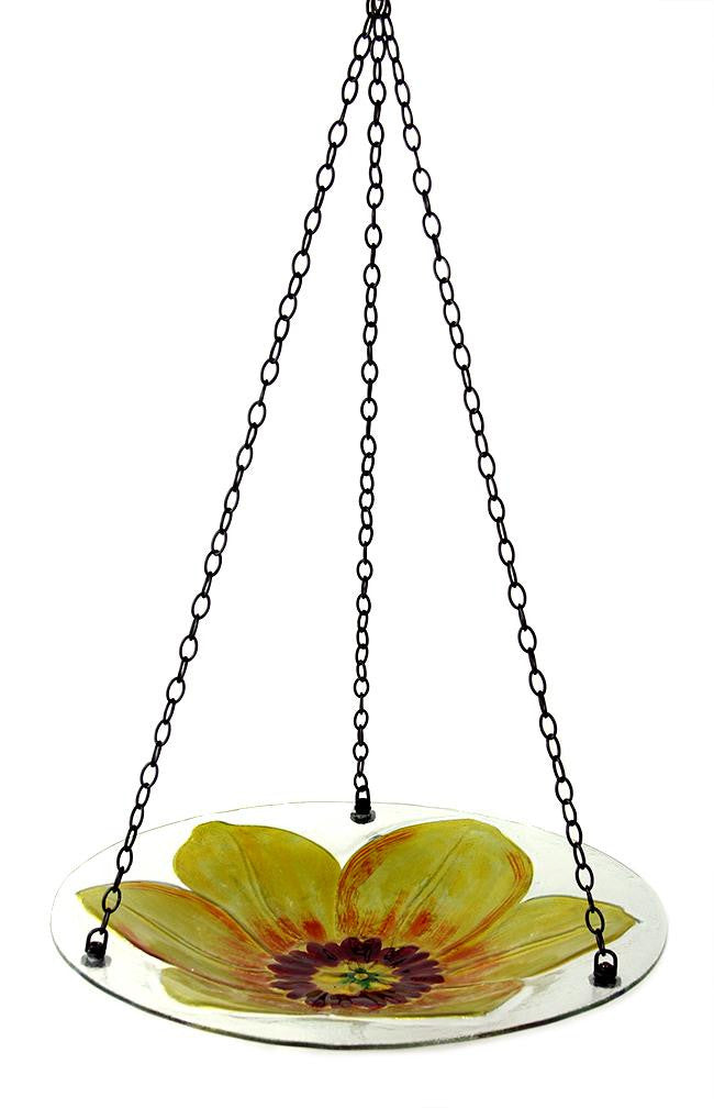 22" Hand Painted Glass Yellow Sunflower Hanging Outdoor Garden Bird Bath