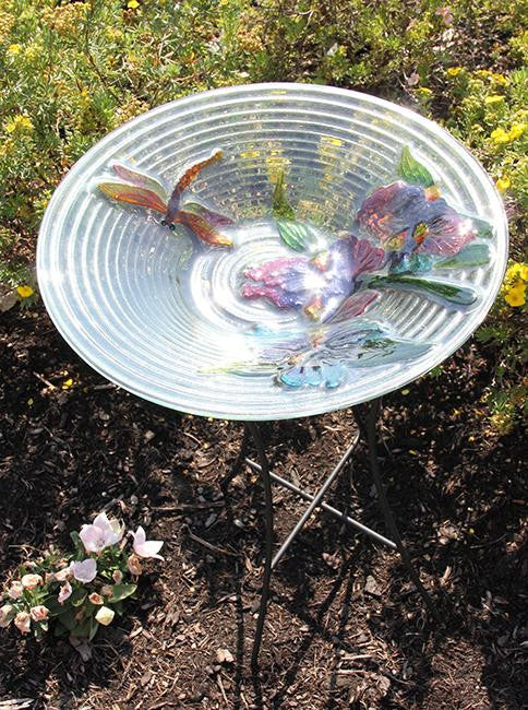 21" Hand Painted Glass Dragonfly and Flower Spring Outdoor Garden Bird Bath