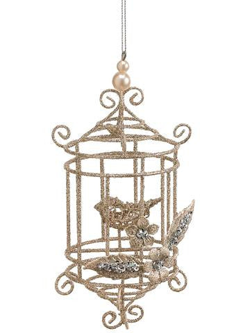 7" Seasons of Elegance Gold Glitter Wire Bird Cage with Bird Christmas Ornament