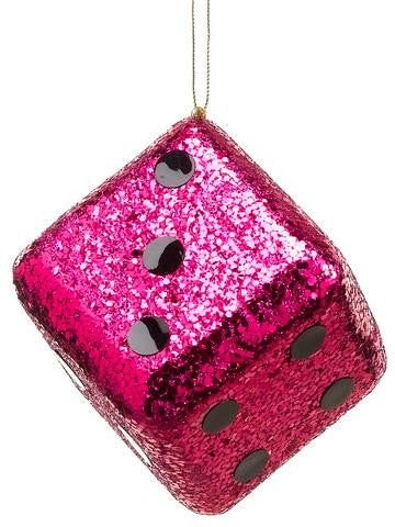 4" Casino Royale Shiny Fuchsia Pink Glitter Gambling Dice Christmas Ornament