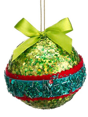 3.5" Christmas Brites Green, Red and Blue Sequin and Bead Ball Ornament with Bow