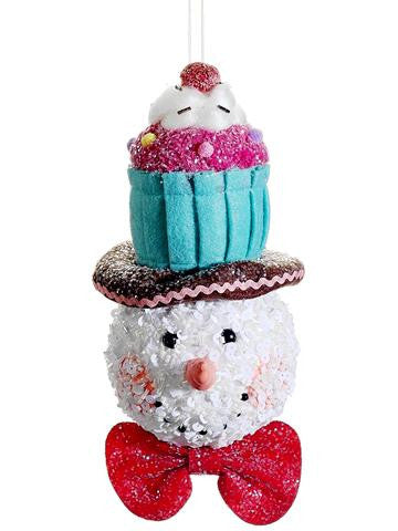 8.5" Cupcake Heaven Glitter Sequined Snowman with Cupcake Hat Christmas Ornament