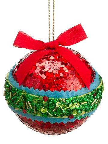 3.5" Christmas Brites Red, Green and Blue Sequin and Bead Ball Ornament with Bow