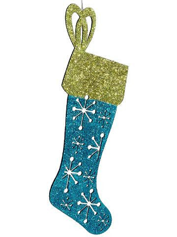 16.5" Christmas Brites Aqua and Chartreuse Glitter Stocking Christmas Wall Decor