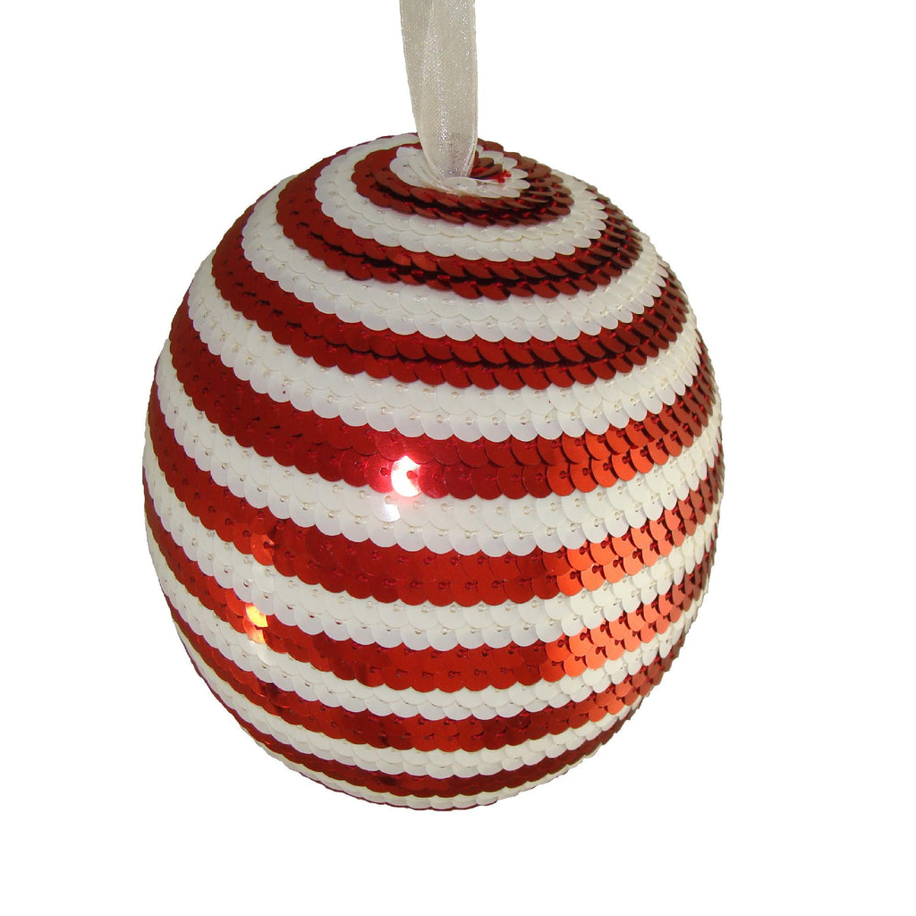 5" Peppermint Twist Red & White Candy Cane Stripe Sequin Christmas Ball Ornament