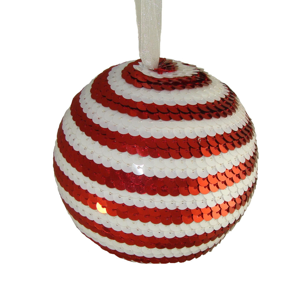 4" Peppermint Twist Red & White Candy Cane Stripe Sequin Christmas Ball Ornament