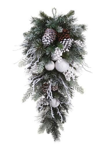 30" Pre-Decorated Snowy Flocked Ball Artificial Christmas Teardrop Swag - Unlit