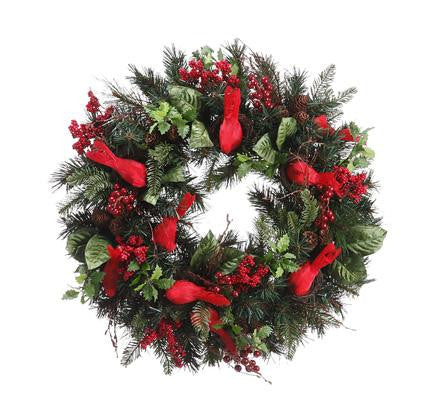 24" Pre-Decorated Cardinal, Berry, Pine Cone Artificial Christmas Wreath - Unlit