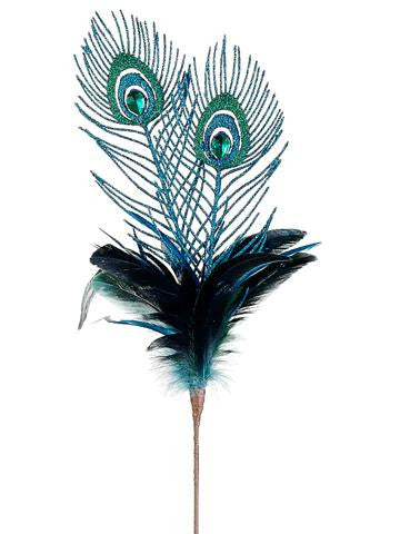 25" Regal Peacock Feather, Glitter and Faux Jewel Christmas Floral Spray