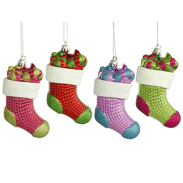 4ct Glittered Multi-Color Shatterproof Stocking Christmas Ornaments 4"