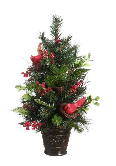 26" Potted Pine Cone, Cardinal and Berry Pine Artificial Christmas Tree - Unlit