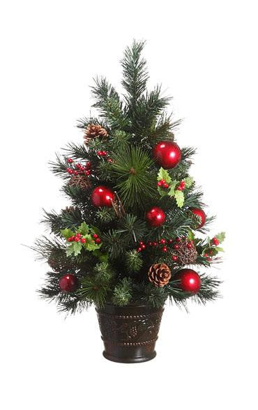 26" Potted Pine Cone Twig & Red Ball Pine Artificial Christmas Tree - Unlit