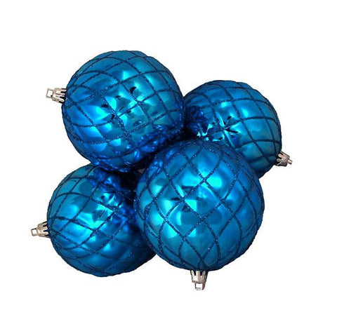 4ct Shiny Lavish Blue Diamond Design Shatterproof Christmas Ball Ornaments 3.75"