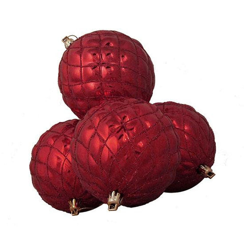 4ct Shiny Red Hot Diamond Design Shatterproof Christmas Ball Ornaments 3.75"