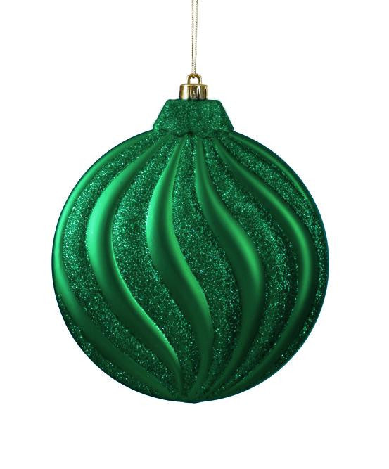 6ct Matte Xmas Green Glitter Swirl Shatterproof Christmas Disc Ornaments 6.25"