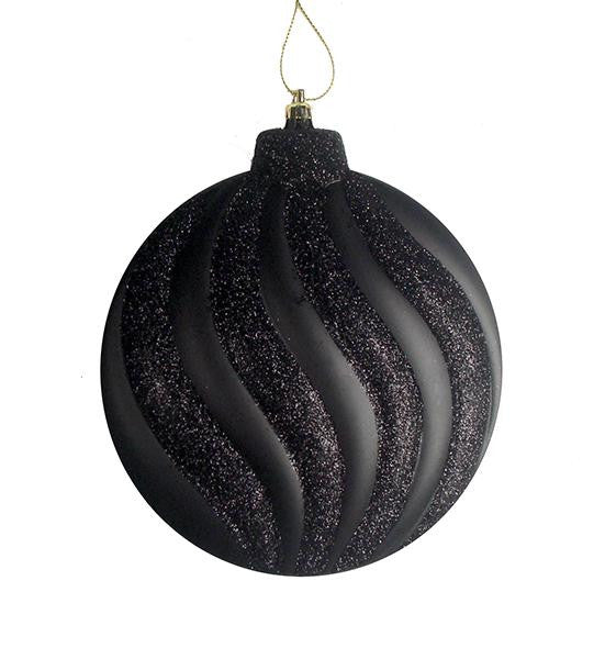 6ct Matte Jet Black Glitter Swirl Shatterproof Christmas Disc Ornaments 6.25"