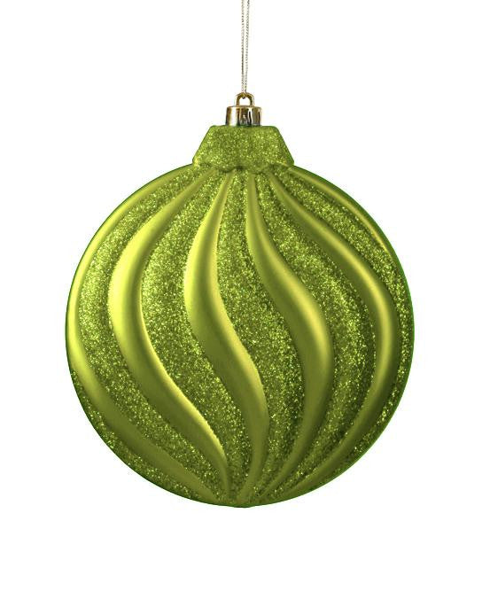 6ct Matte Green Kiwi Glitter Swirl Shatterproof Christmas Disc Ornaments 6.25"