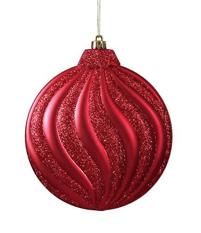 6ct Matte Red Hot Glitter Swirl Shatterproof Christmas Disc Ornaments 6.25"