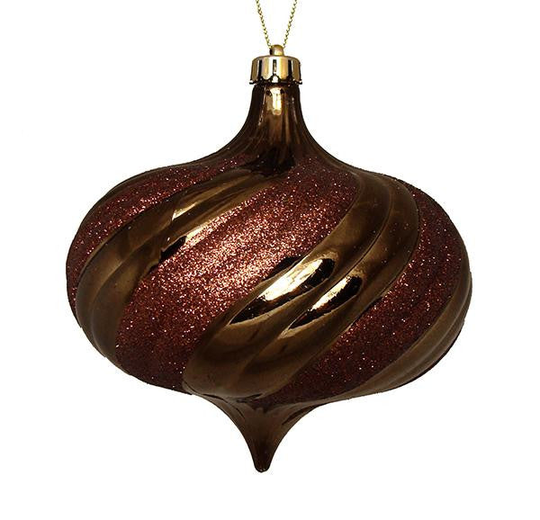 4ct Shiny Mocha Brown Glitter Swirl Shatterproof Onion Christmas Ornaments 5.75"