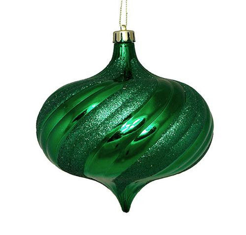 4ct Shiny Xmas Green Glitter Swirl Shatterproof Onion Christmas Ornaments 5.75"