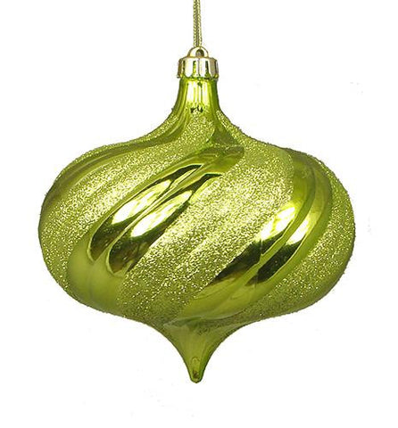 4ct Shiny Green Kiwi Glitter Swirl Shatterproof Onion Christmas Ornaments 5.75"