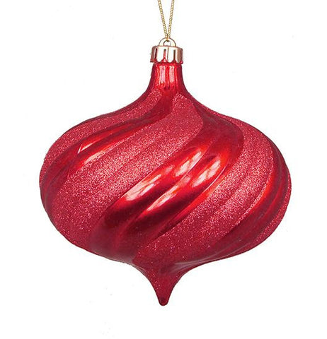 4ct Shiny Red Hot Glitter Swirl Shatterproof Onion Christmas Ornaments 5.75"