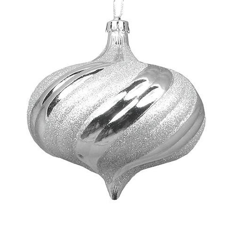 4ct Shiny Silver Splendor Swirl Shatterproof Onion Christmas Ornaments 5.75"