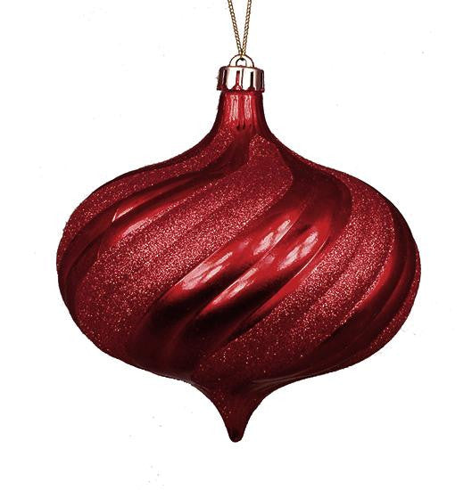 4ct Shiny Burgundy Glitter Swirl Shatterproof Onion Christmas Ornaments 5.75"