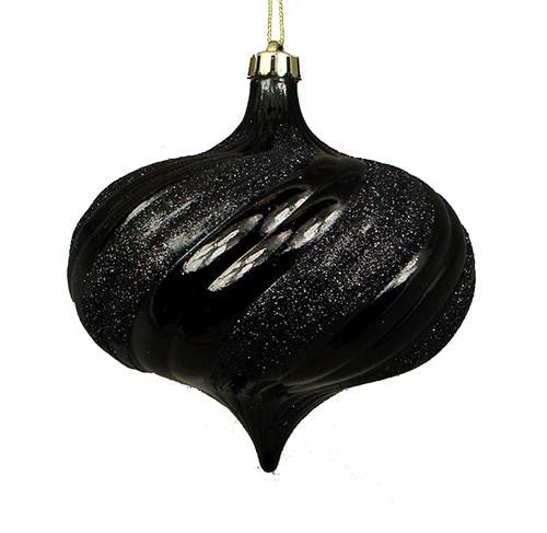 4ct Shiny Jet Black Glitter Swirl Shatterproof Onion Christmas Ornaments 5.75"