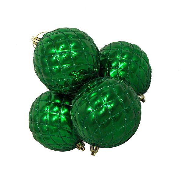 4ct Shiny Xmas Green Diamond Design Shatterproof Christmas Ball Ornaments 3.75"