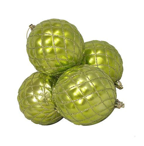 4ct Shiny Green Kiwi Diamond Design Shatterproof Christmas Ball Ornaments 3.75"