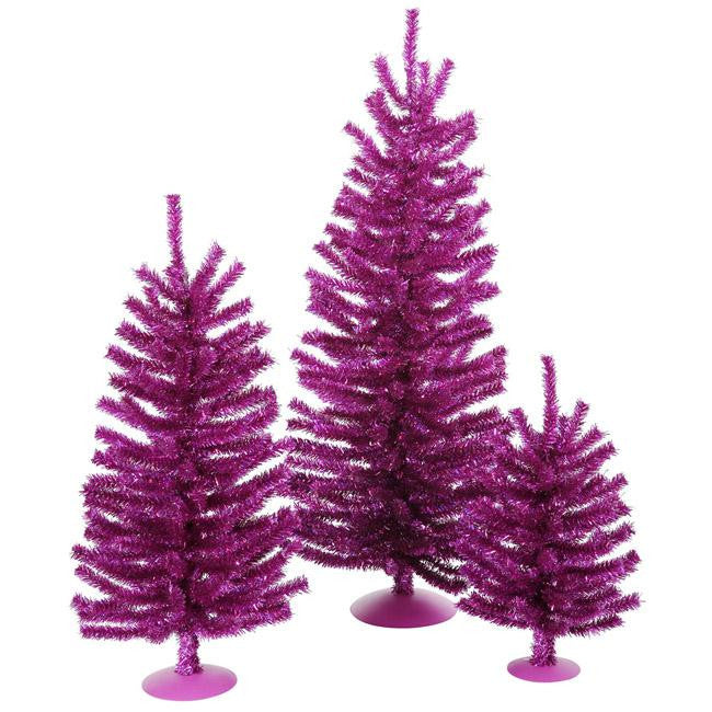 Set of 3 Fuschia Artificial Tinsel Christmas Trees 12", 18" & 24" - Unlit