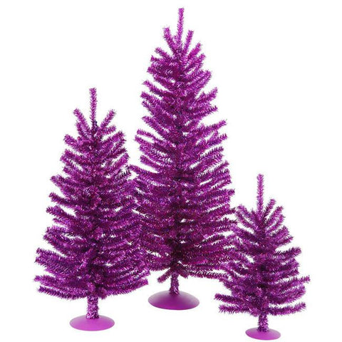 Set of 3 Sparkling Purple Tinsel Artificial Christmas Trees 12", 18" & 24" - Unlit