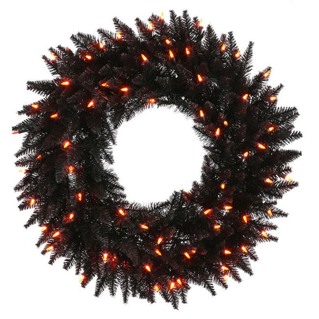 24" Pre-Lit Black Fir Artificial Halloween or Christmas Wreath - Orange Lights