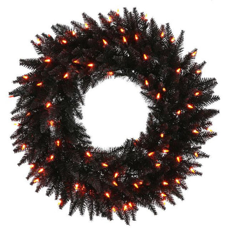 24" Pre-Lit Black Fir Artificial Halloween or Christmas Wreath - Orange Lights