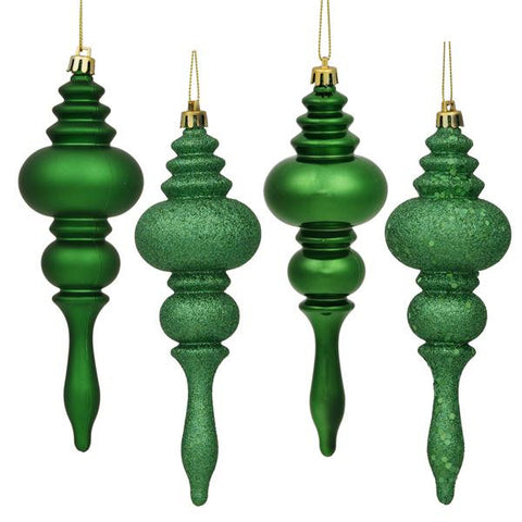 8ct Xmas Green 4-Finish Regal Shatterproof Finial Christmas Ornaments 7"