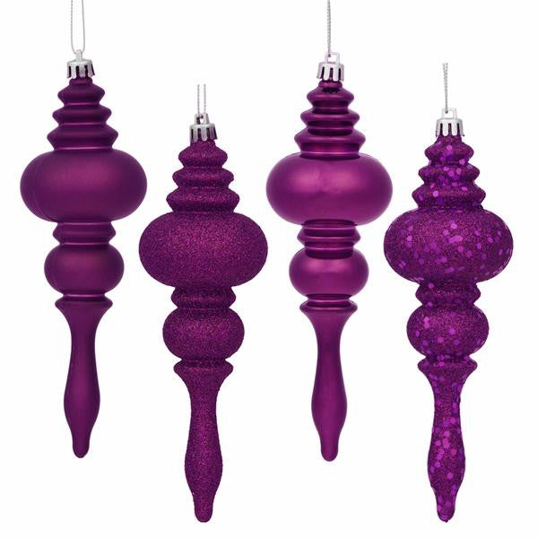 8ct Purple Passion 4-Finish Regal Shatterproof Finial Christmas Ornaments 7"