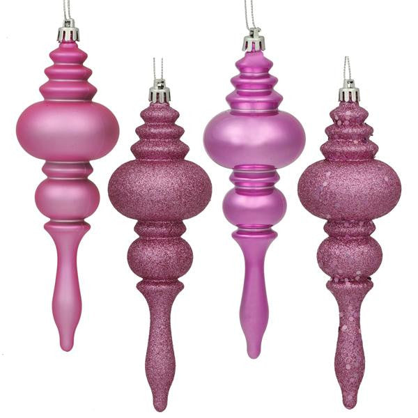 8ct Bubblegum Pink 4-Finish Regal Shatterproof Finial Christmas Ornaments 7"