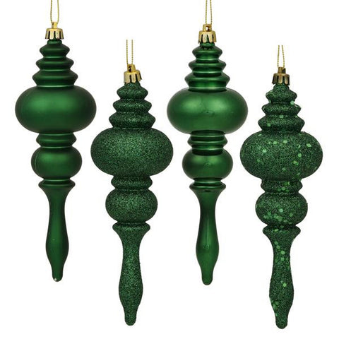 8ct Emerald Green 4-Finish Regal Shatterproof Finial Christmas Ornaments 7"