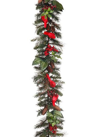 6' Christmas Traditions Pine Garland w- Cardinals, Nests, Berries & Twigs -Unlit