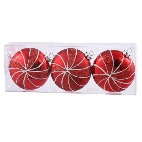 3ct Peppermint Twist Shatterproof Red Candy Swirl Christmas Ornaments 3.75"