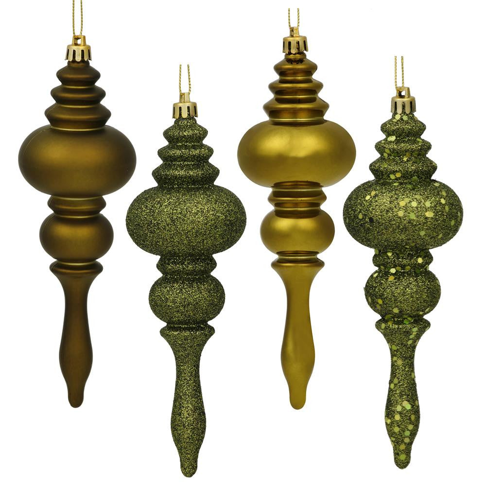 8ct Olive Green 4-Finish Regal Shatterproof Finial Christmas Ornaments 7"