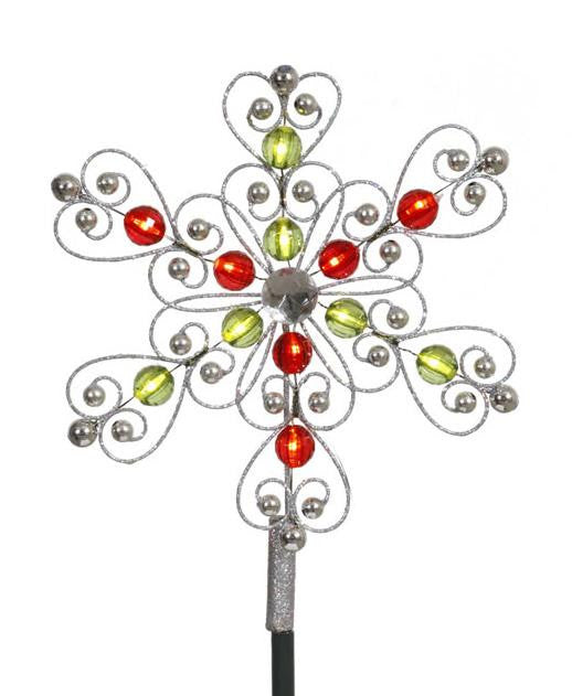 9" LED Lighted Silver, Red, Green Snowflake Christmas Tree Topper - Clear Lights