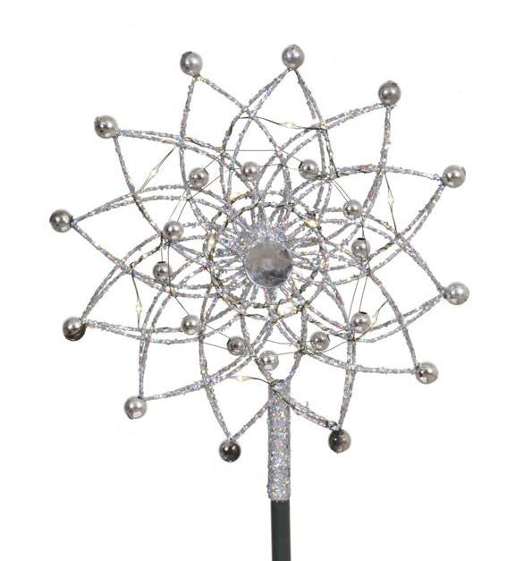 9" Lighted Silver Glitter Starburst Christmas Tree Topper Candlelight LED Lights