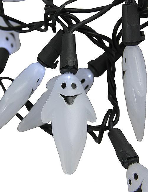 Set of 20 Pure White LED Ghost Halloween Lights - Black Wire