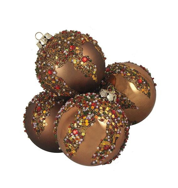 4ct Brown Glitter Sequin Beaded Shatterproof Christmas Ball Ornaments 3.25" 80mm