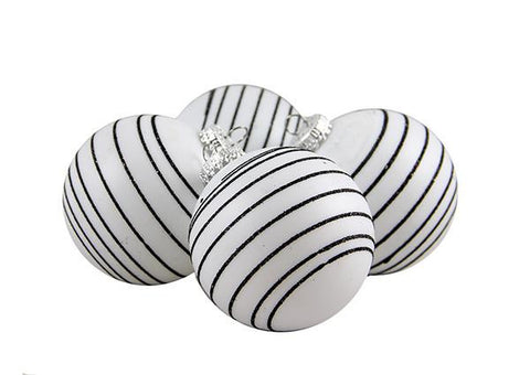 4ct White and Black Pinstripe Shatterproof Christmas Ball Ornaments 2.75" (70mm)